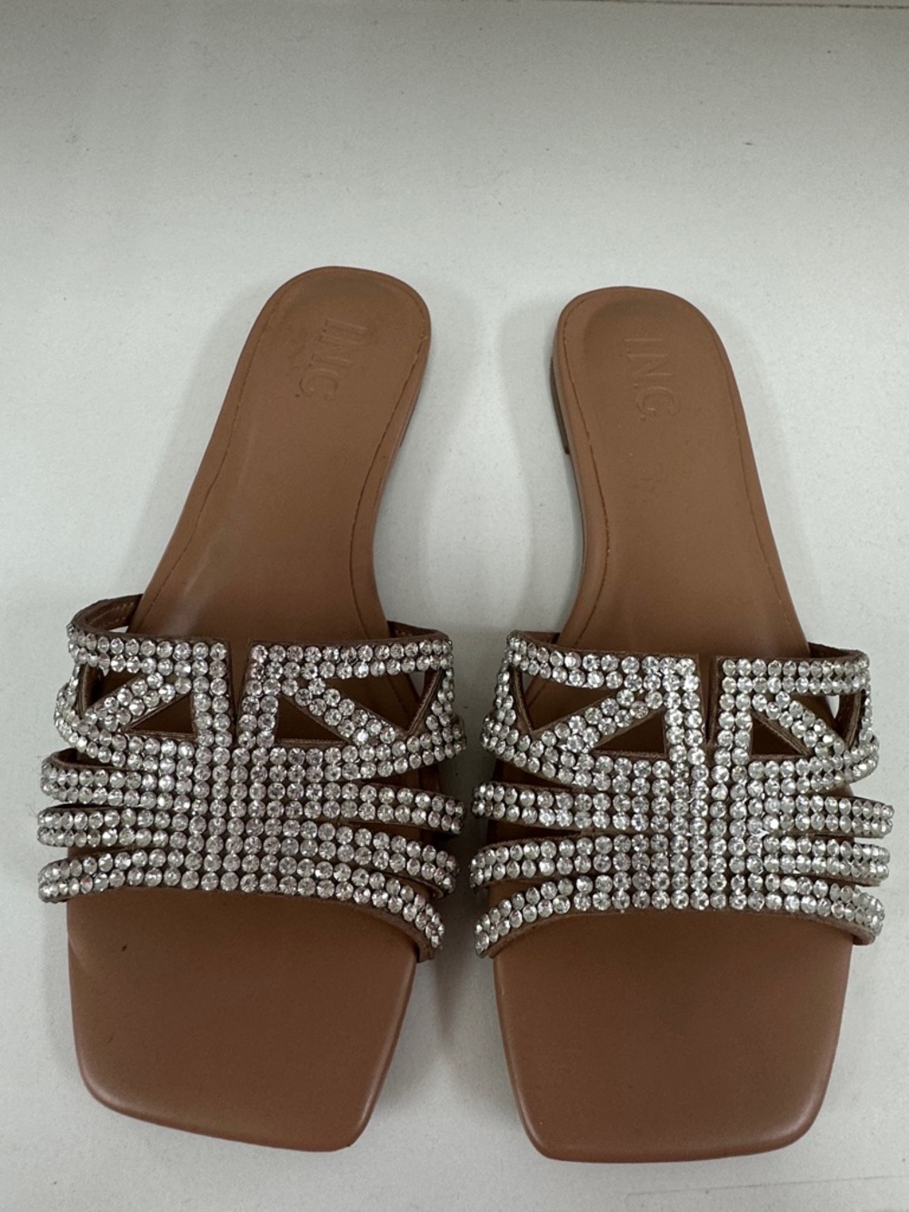 INC International Concepts Brown Slide Sandals with Crystal Straps